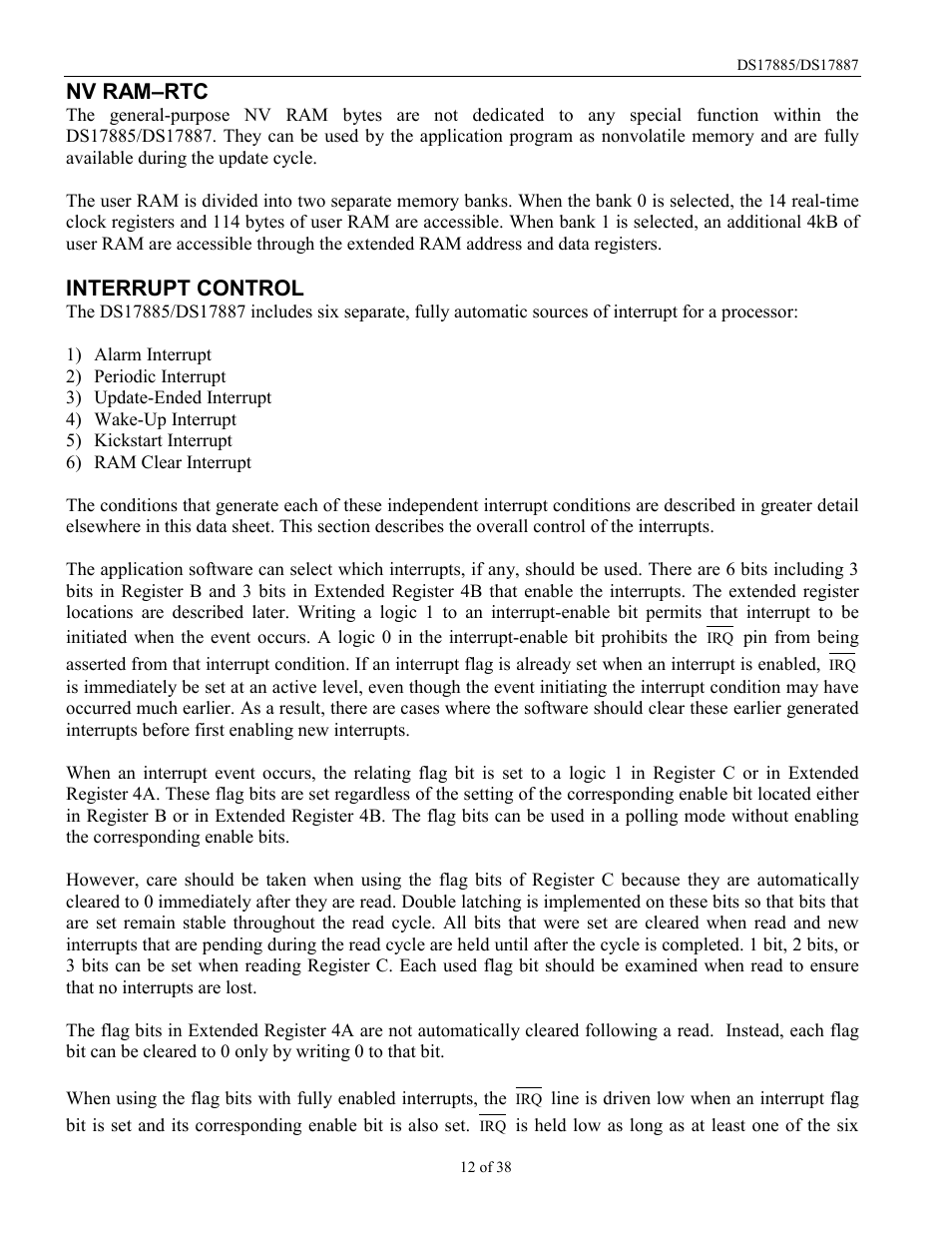 Nv ram–rtc, Interrupt control | Rainbow Electronics DS17887 User Manual | Page 12 / 38