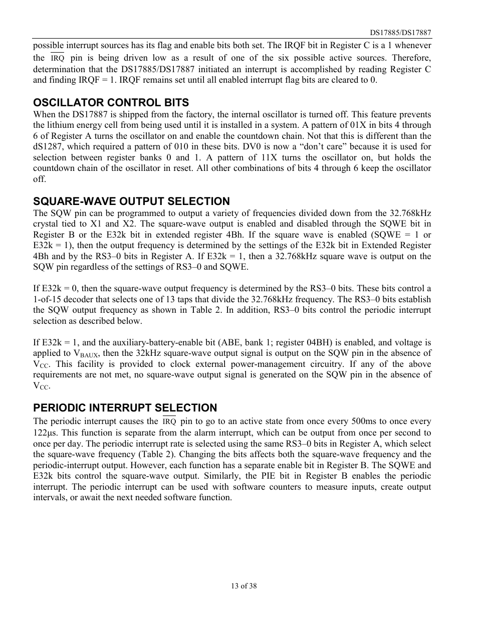 Oscillator control bits, Square-wave output selection, Periodic interrupt selection | Rainbow Electronics DS17887 User Manual | Page 13 / 38