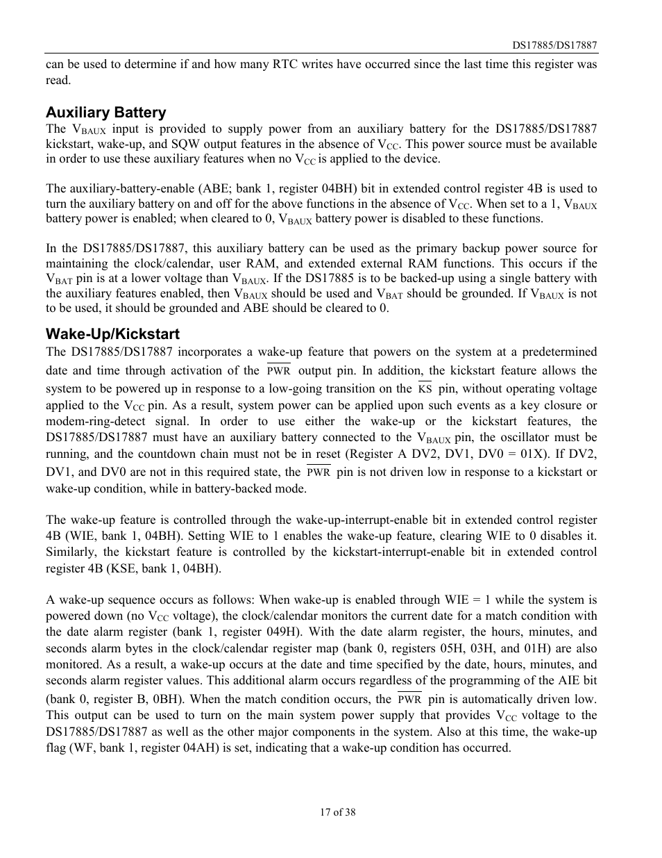 Auxiliary battery, Wake-up/kickstart | Rainbow Electronics DS17887 User Manual | Page 17 / 38