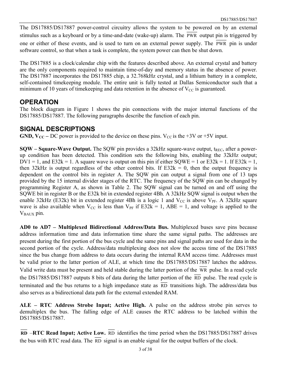 Operation, Signal descriptions | Rainbow Electronics DS17887 User Manual | Page 3 / 38