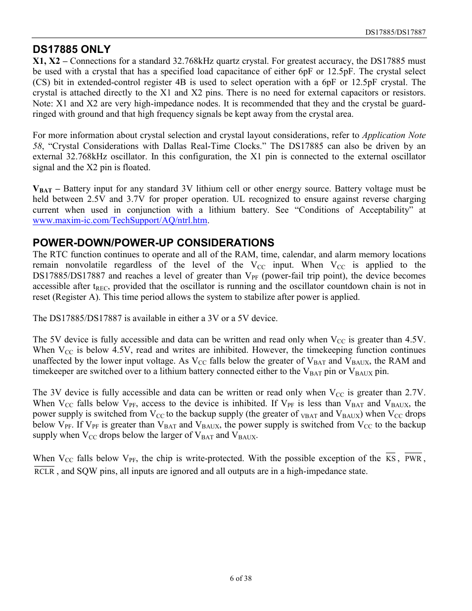 Power-down/power-up considerations | Rainbow Electronics DS17887 User Manual | Page 6 / 38