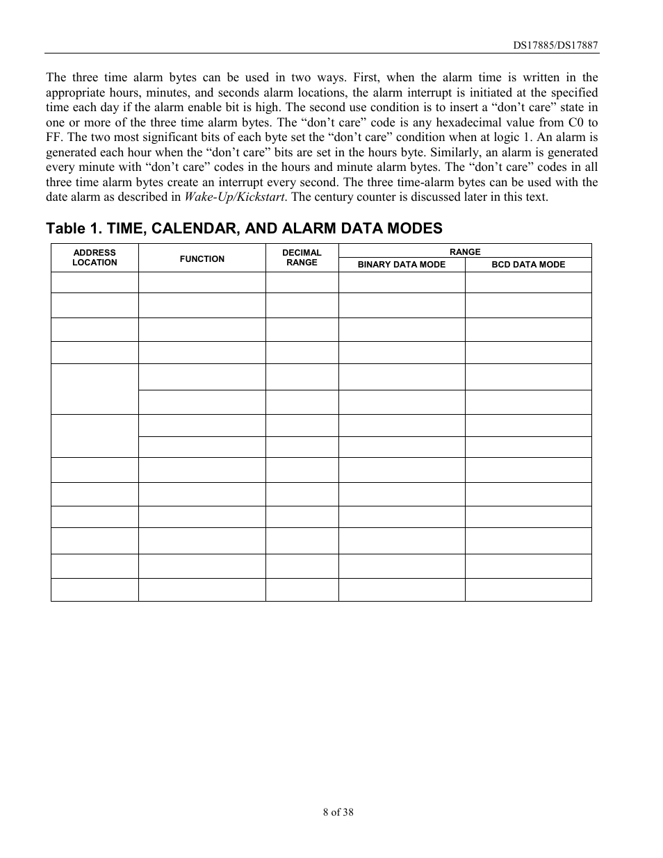Table 1. time, calendar, and alarm data modes | Rainbow Electronics DS17887 User Manual | Page 8 / 38