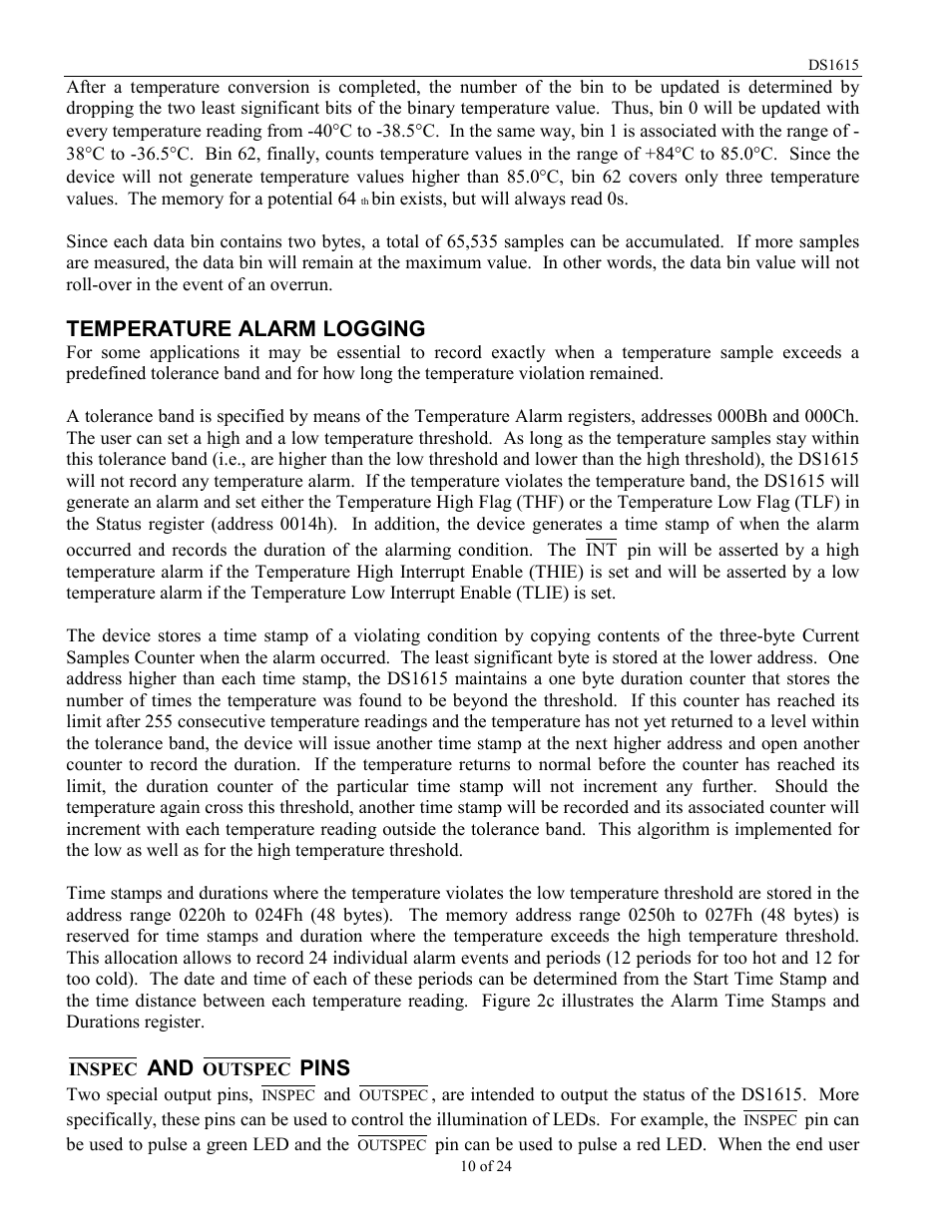 Temperature alarm logging, Pins | Rainbow Electronics DS1615 User Manual | Page 10 / 24