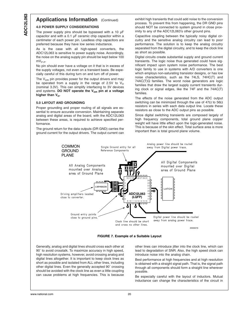 0 power supply considerations, 0 layout and grounding, Figure 7. example of a suitable layout | Applications information | Rainbow Electronics ADC12L063 User Manual | Page 20 / 22