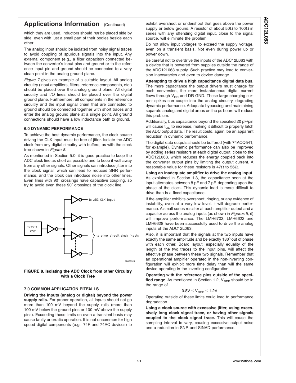 0 dynamic performance, 0 common application pitfalls, Applications information | Rainbow Electronics ADC12L063 User Manual | Page 21 / 22