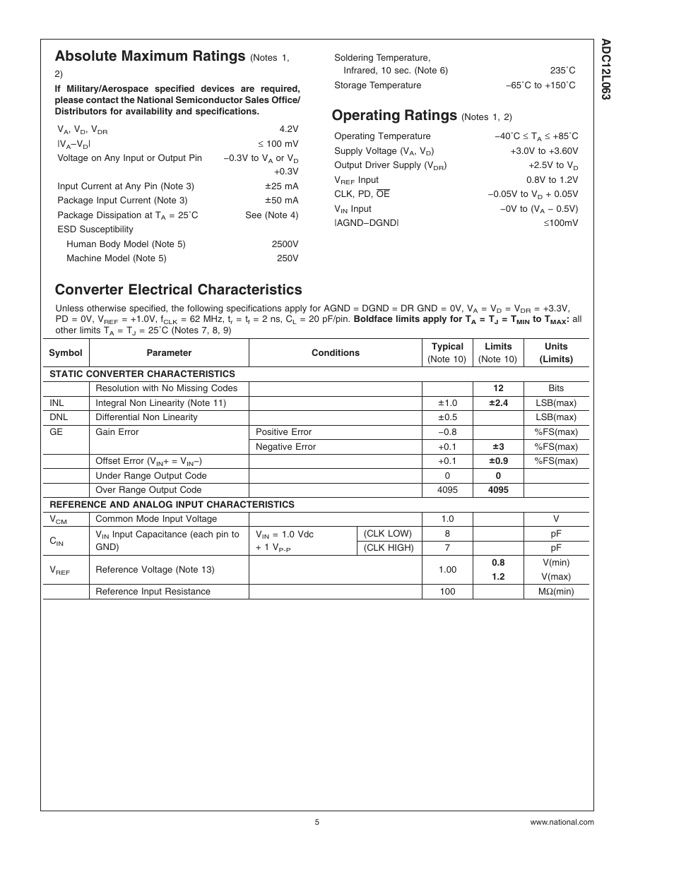 Absolute maximum ratings, Operating ratings (notes , ), Converter electrical characteristics | Operating ratings | Rainbow Electronics ADC12L063 User Manual | Page 5 / 22