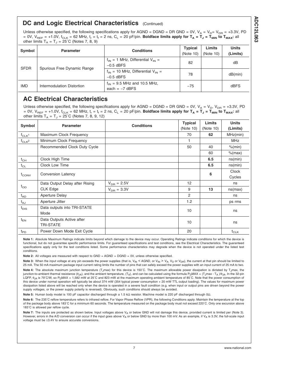 Ac electrical characteristics, Note 3), Note 4) | Note 5), Note 6), Dc and logic electrical characteristics | Rainbow Electronics ADC12L063 User Manual | Page 7 / 22