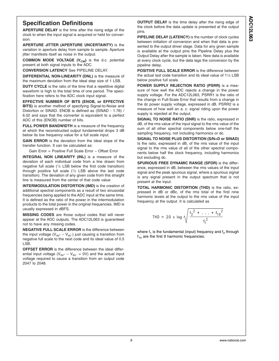 Specification definitions | Rainbow Electronics ADC12L063 User Manual | Page 9 / 22