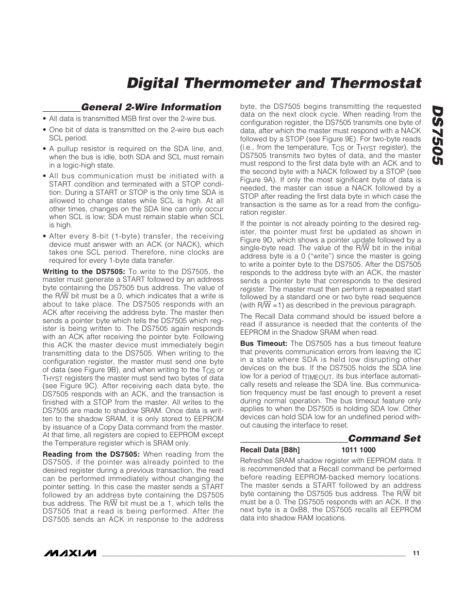 Ds7505 digital thermometer and thermostat, General 2-wire information, Command set | Rainbow Electronics DS7505 User Manual | Page 11 / 14