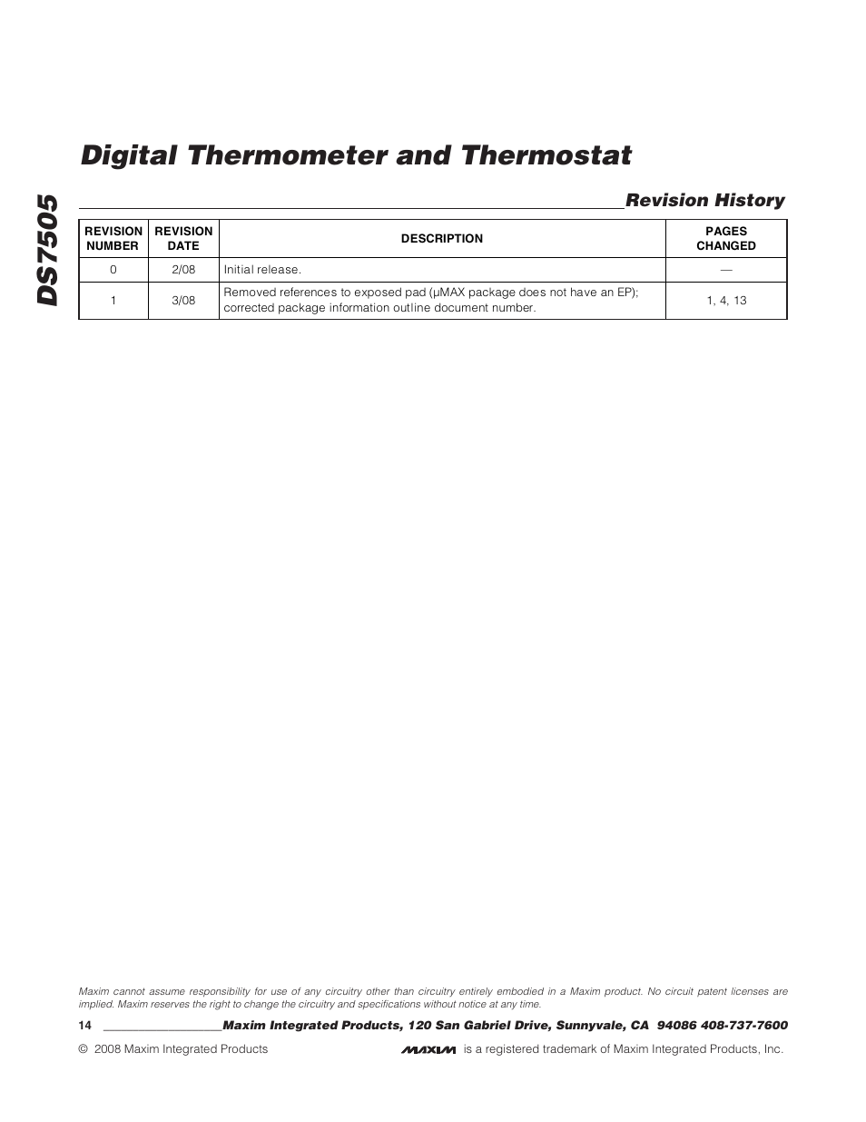 Ds7505 digital thermometer and thermostat, Revision history | Rainbow Electronics DS7505 User Manual | Page 14 / 14
