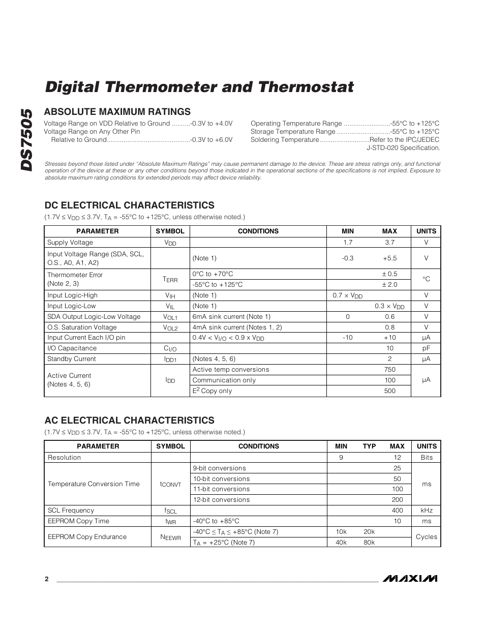 Ds7505 digital thermometer and thermostat, Ac electrical characteristics | Rainbow Electronics DS7505 User Manual | Page 2 / 14