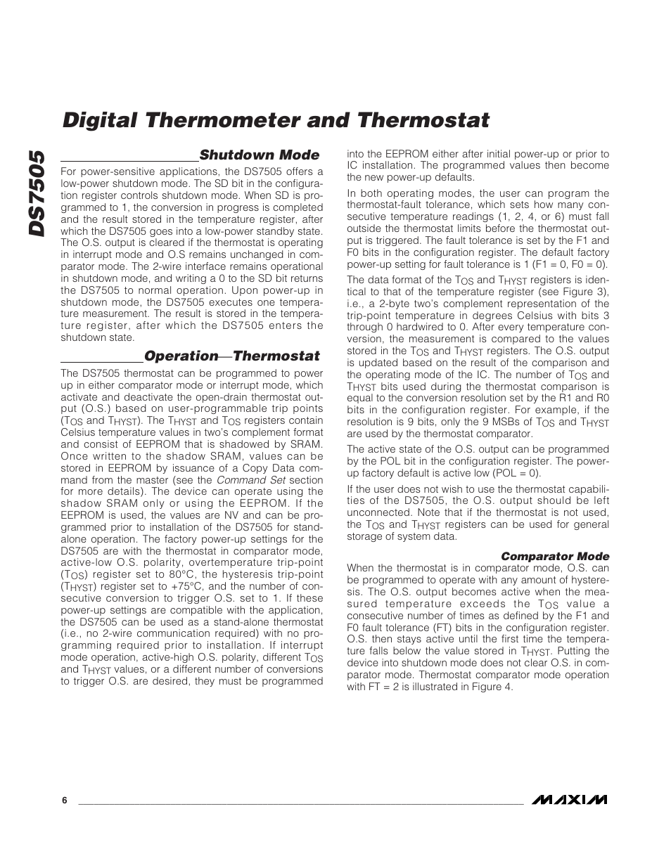 Ds7505, Digital thermometer and thermostat, Shutdown mode | Operation ⎯ thermostat | Rainbow Electronics DS7505 User Manual | Page 6 / 14