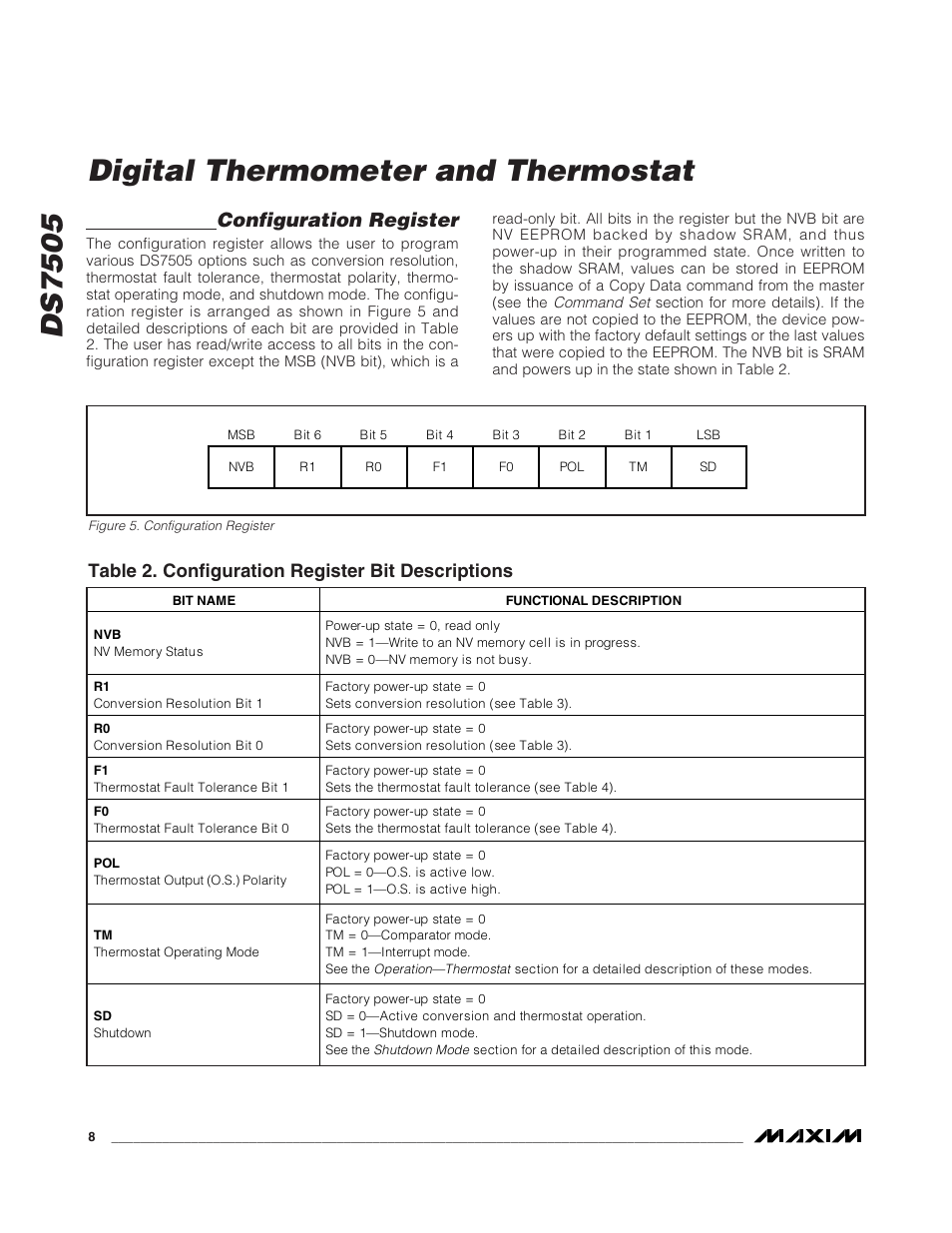 Ds7505, Digital thermometer and thermostat, Configuration register | Table 2. configuration register bit descriptions | Rainbow Electronics DS7505 User Manual | Page 8 / 14