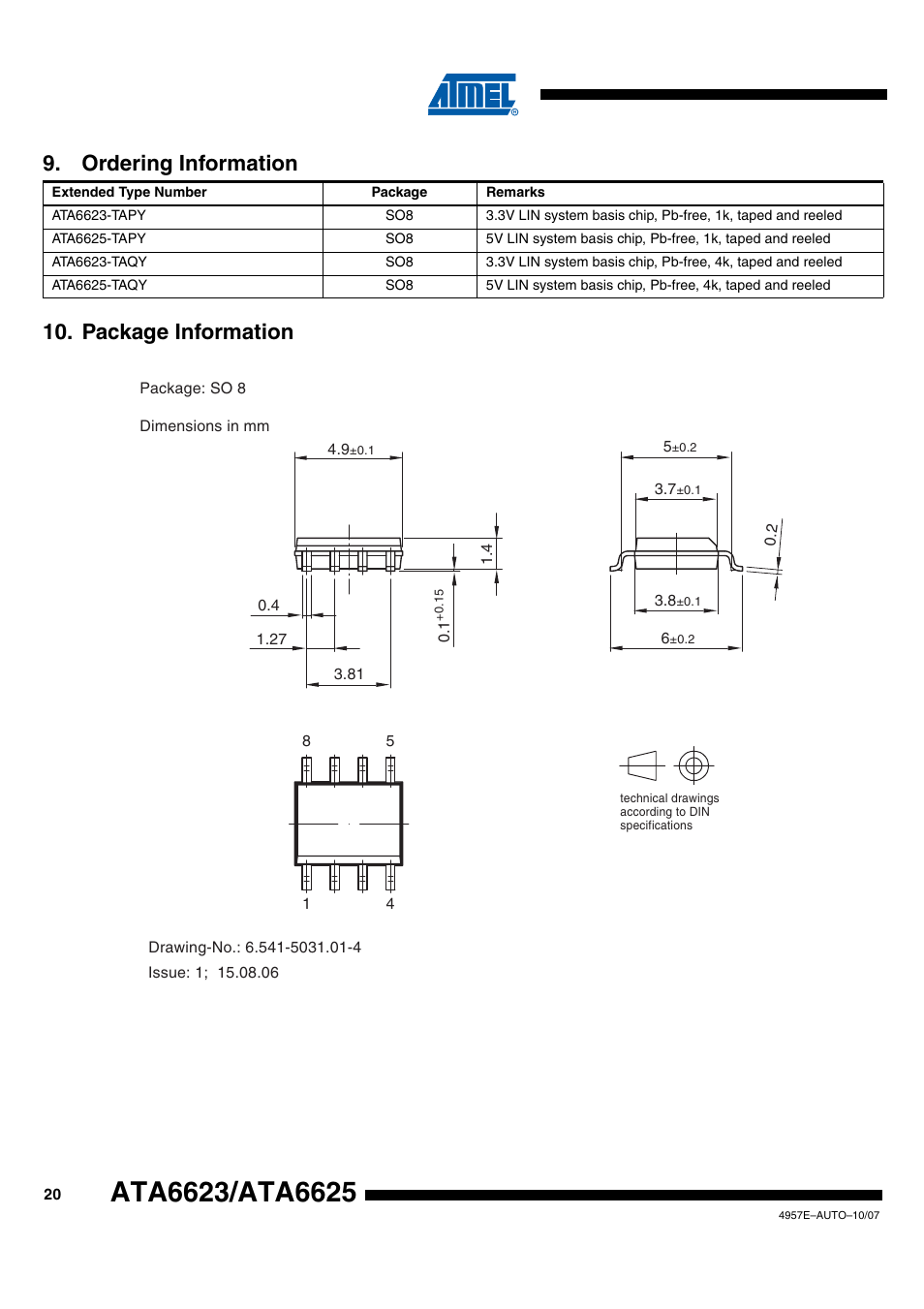 Ordering information, Package information, Package information 9. ordering information | Rainbow Electronics ATA6625 User Manual | Page 20 / 22