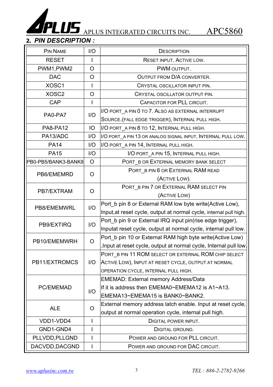 Apc5860, Aplus integrated circuits inc, Pin description | Rainbow Electronics APC5860 User Manual | Page 3 / 10