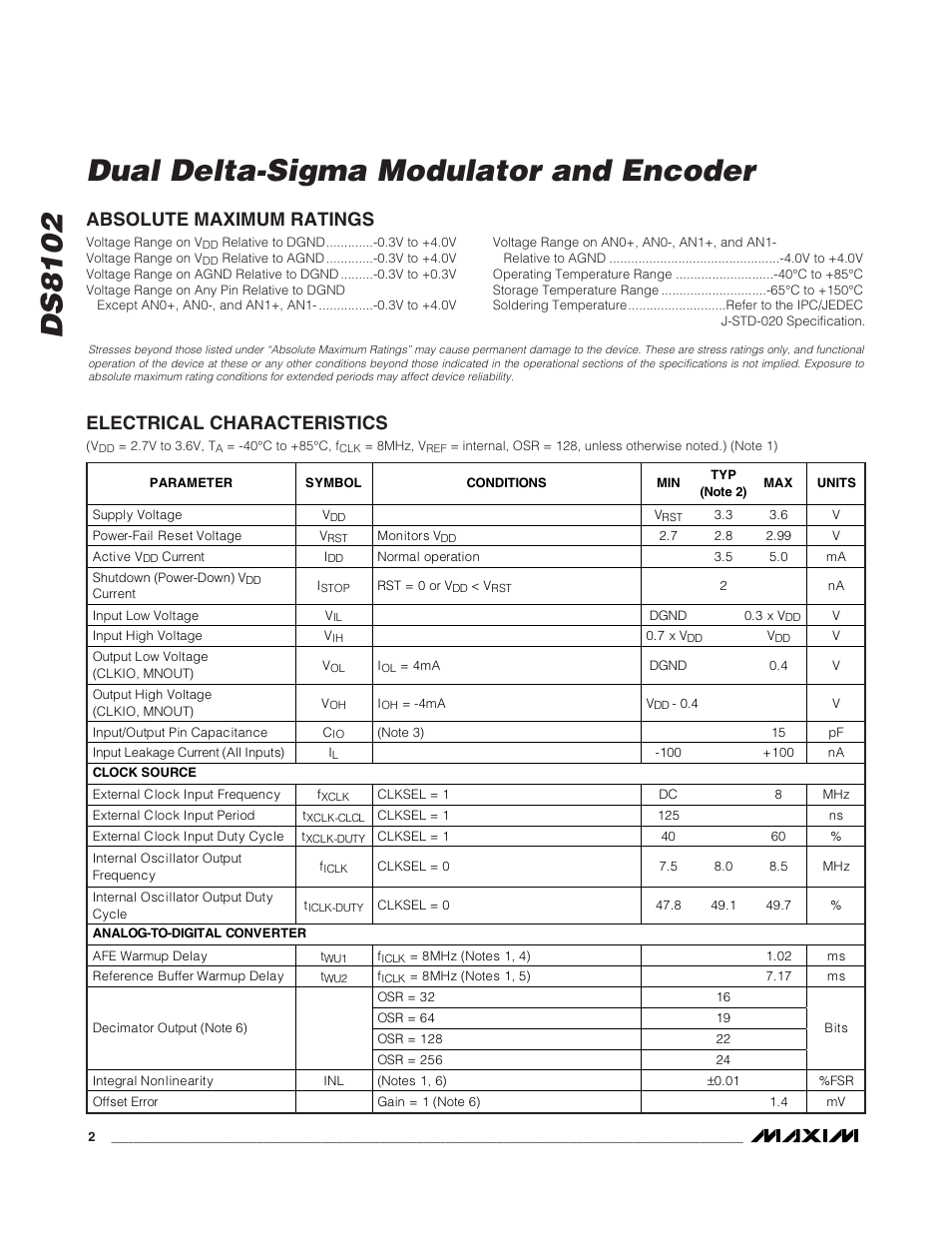 Ds8102 dual delta-sigma modulator and encoder | Rainbow Electronics DS8102 User Manual | Page 2 / 9