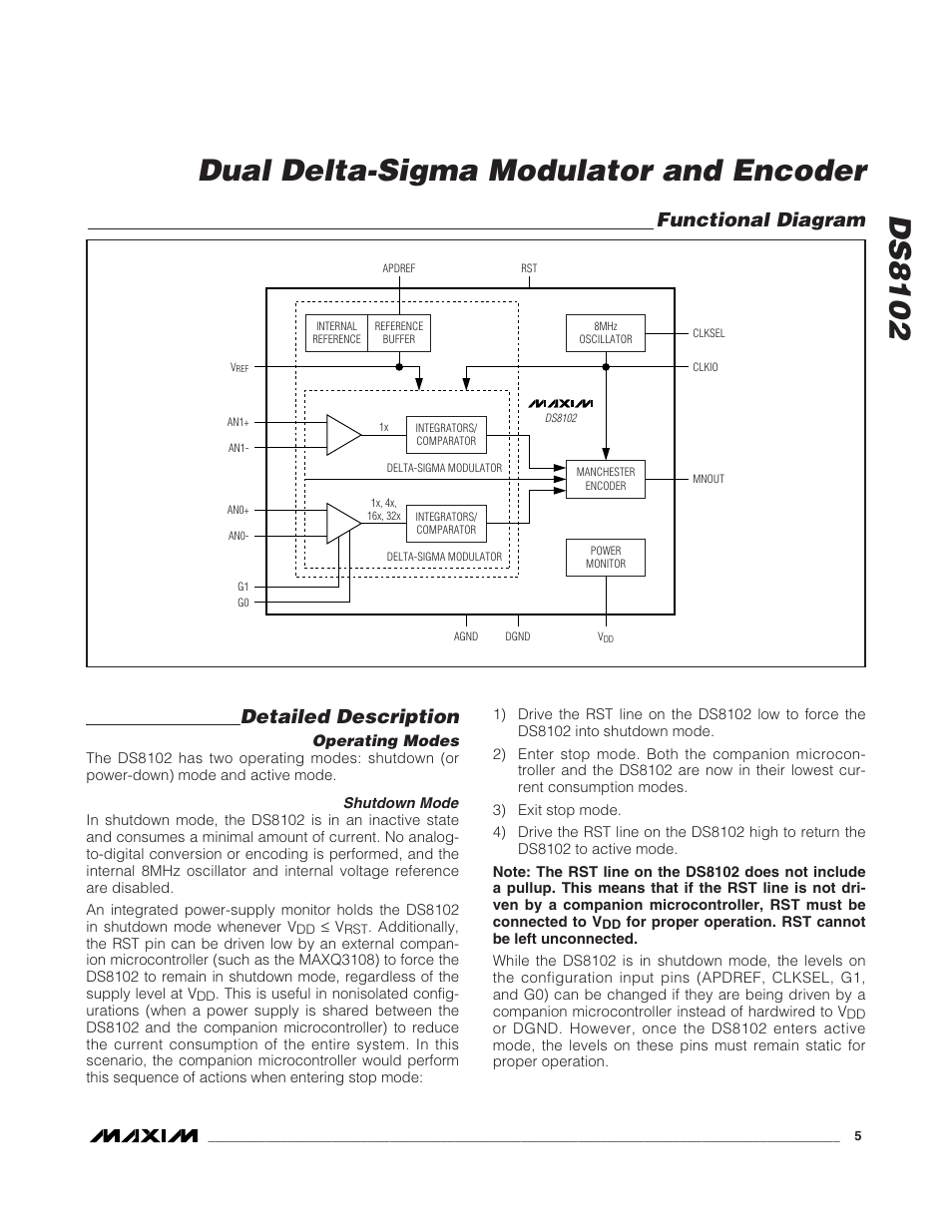 Ds8102 dual delta-sigma modulator and encoder, Detailed description, Functional diagram | Rainbow Electronics DS8102 User Manual | Page 5 / 9