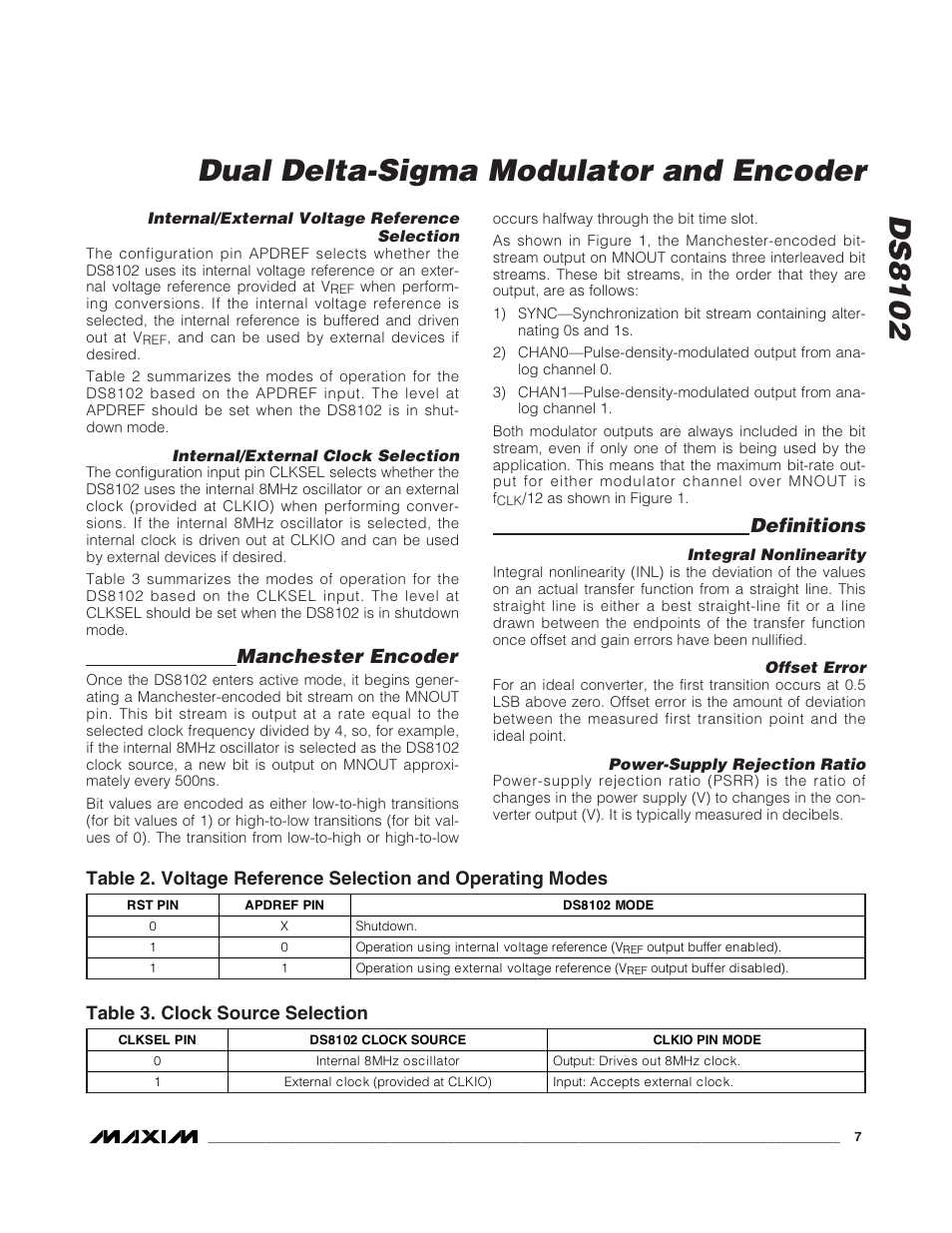 Ds8102 dual delta-sigma modulator and encoder, Manchester encoder, Definitions | Table 3. clock source selection | Rainbow Electronics DS8102 User Manual | Page 7 / 9