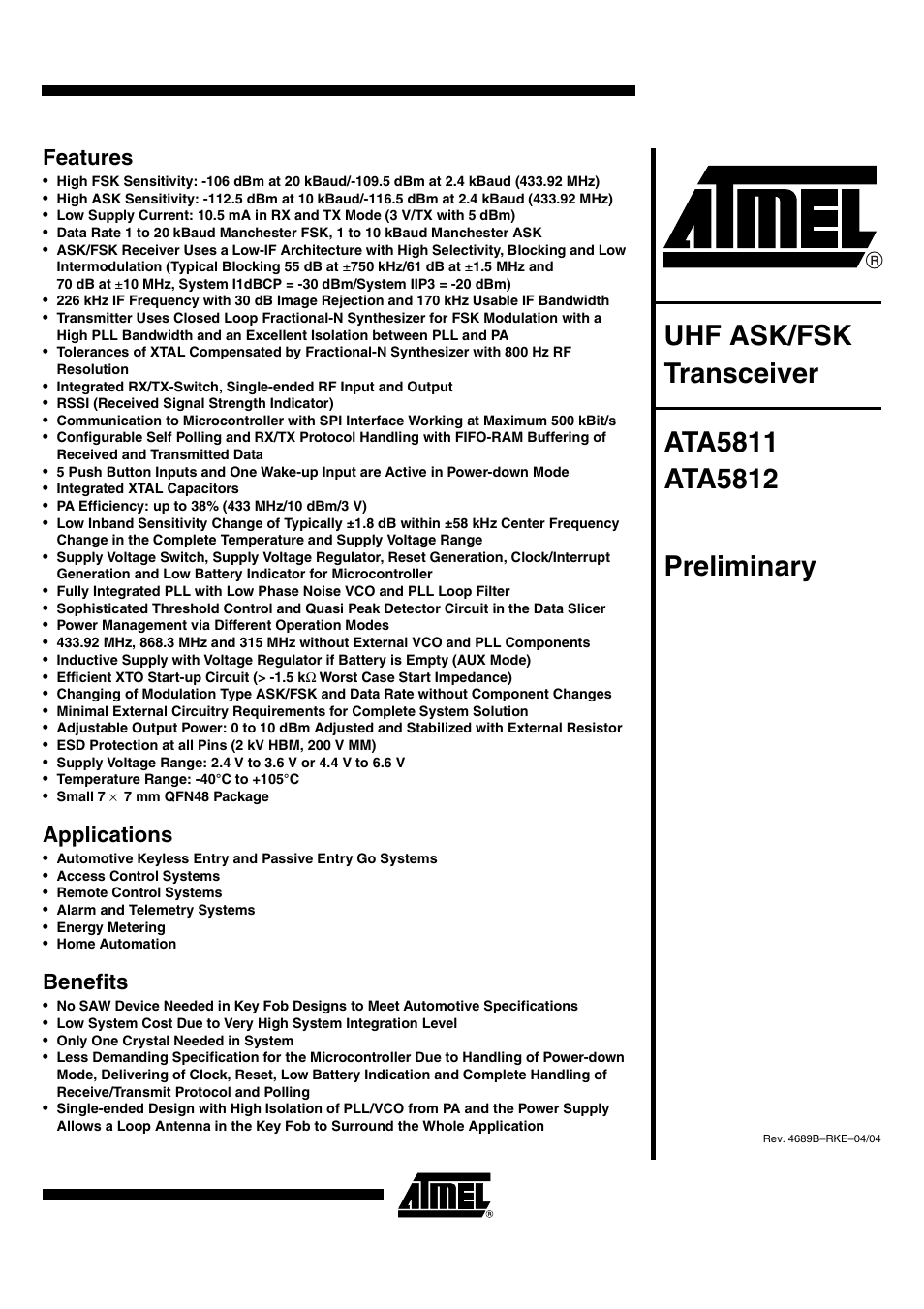 Rainbow Electronics ATA5812 User Manual | 90 pages