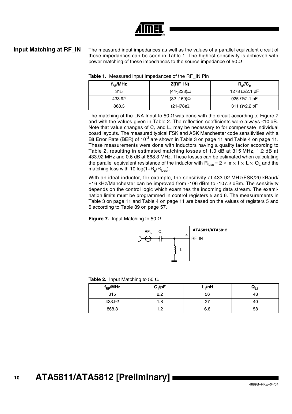 Input matching at rf_in | Rainbow Electronics ATA5812 User Manual | Page 10 / 90