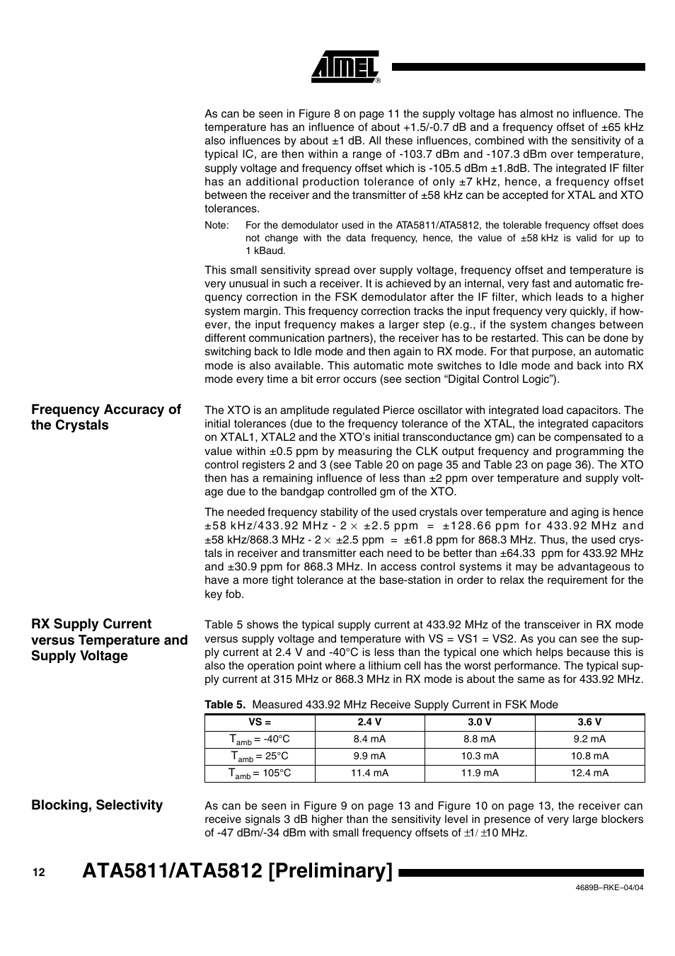 Frequency accuracy of the crystals, Blocking, selectivity | Rainbow Electronics ATA5812 User Manual | Page 12 / 90