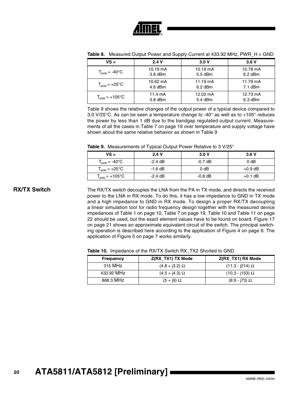 Rx/tx switch, Table 8 | Rainbow Electronics ATA5812 User Manual | Page 20 / 90
