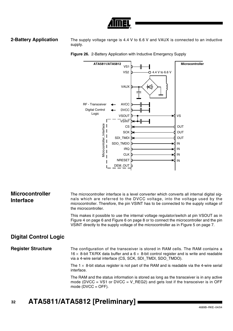 Battery application, Microcontroller interface, Digital control logic | Register structure | Rainbow Electronics ATA5812 User Manual | Page 32 / 90