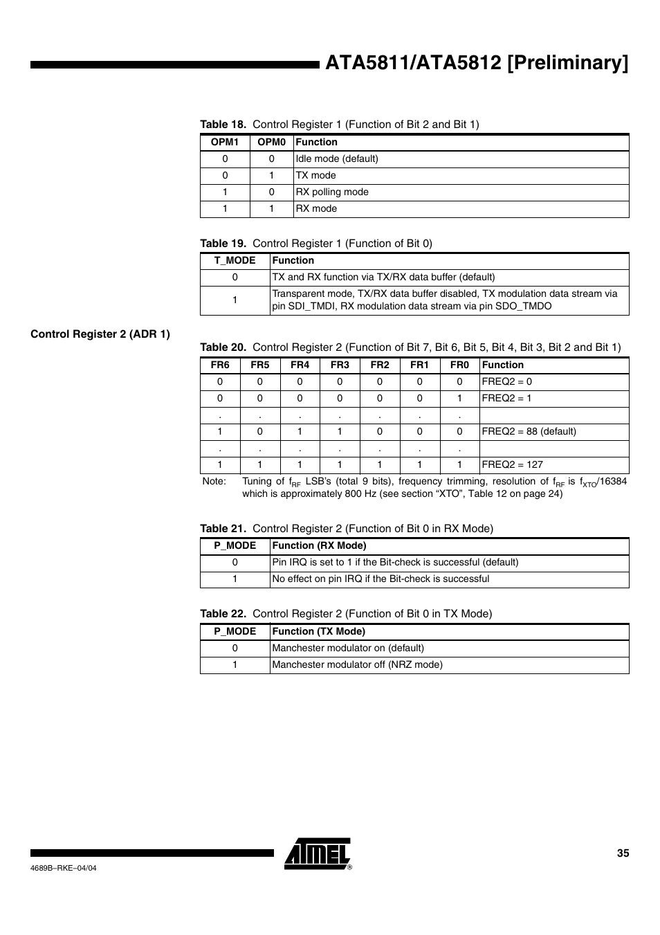 Control register 2 (adr 1) | Rainbow Electronics ATA5812 User Manual | Page 35 / 90