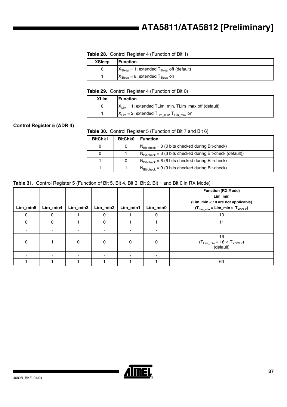 Control register 5 (adr 4) | Rainbow Electronics ATA5812 User Manual | Page 37 / 90