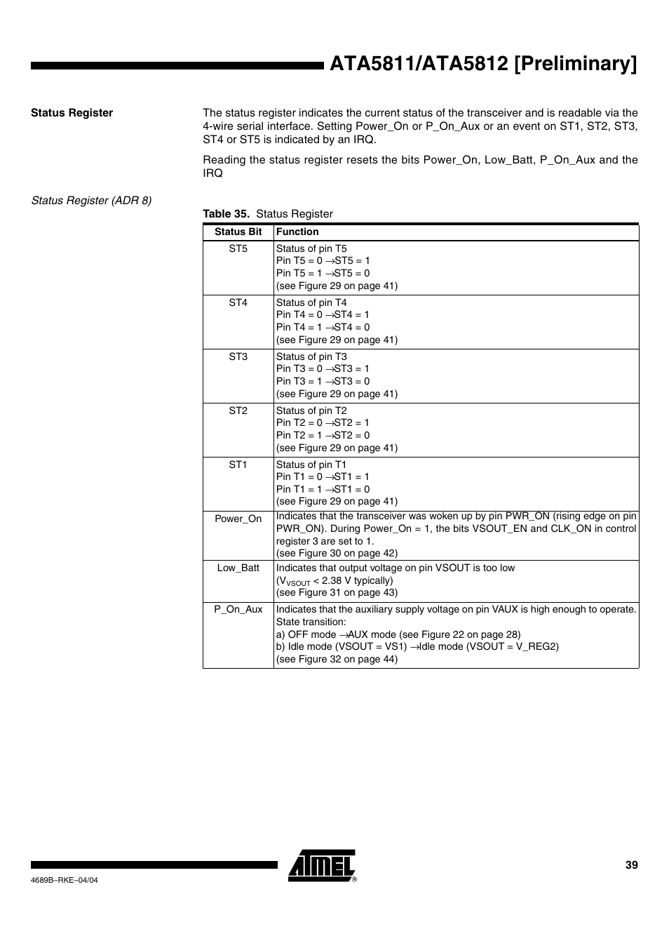 Status register, Status register (adr 8) | Rainbow Electronics ATA5812 User Manual | Page 39 / 90