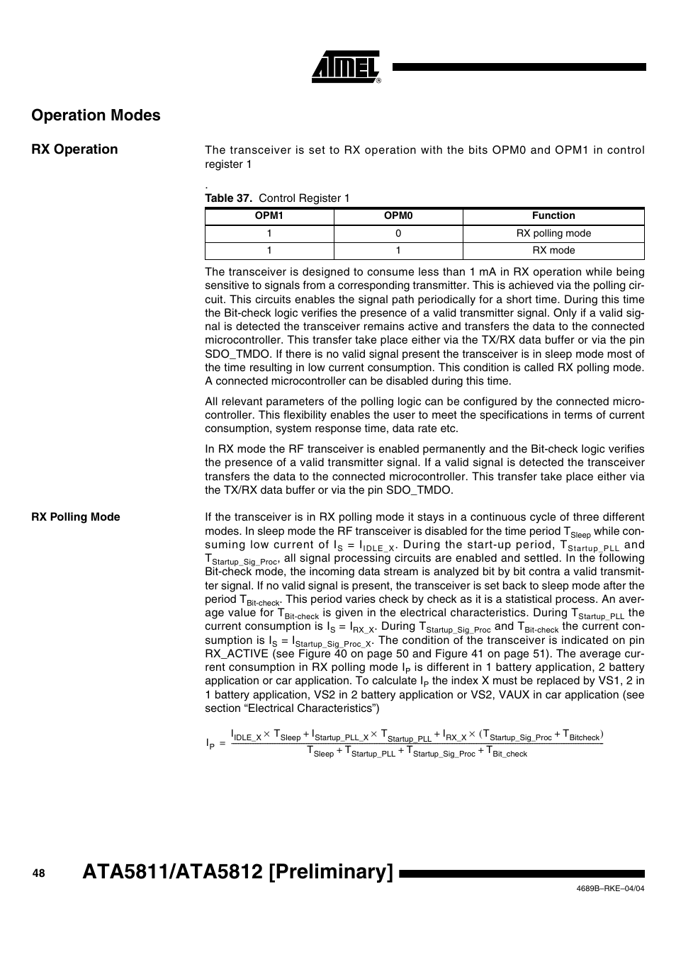 Operation modes, Rx operation, Rx polling mode | Rainbow Electronics ATA5812 User Manual | Page 48 / 90