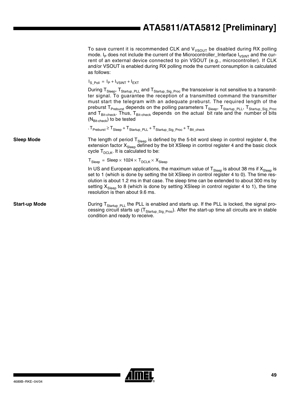 Sleep mode, Start-up mode | Rainbow Electronics ATA5812 User Manual | Page 49 / 90