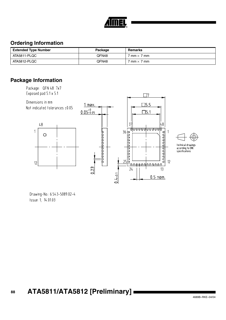 Ordering information, Package information, Package information ordering information | Rainbow Electronics ATA5812 User Manual | Page 88 / 90