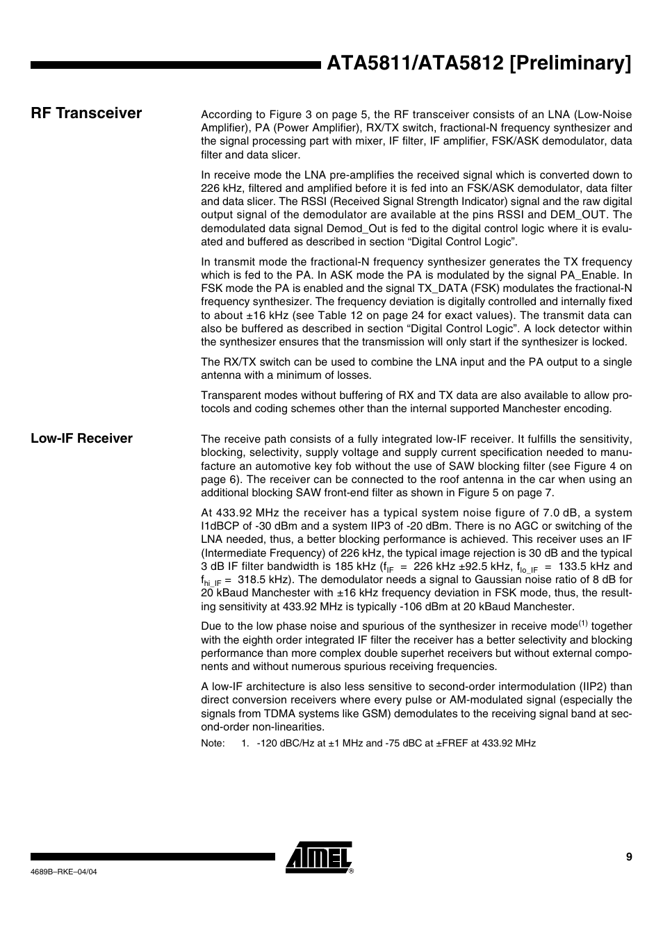 Rf transceiver, Low-if receiver | Rainbow Electronics ATA5812 User Manual | Page 9 / 90
