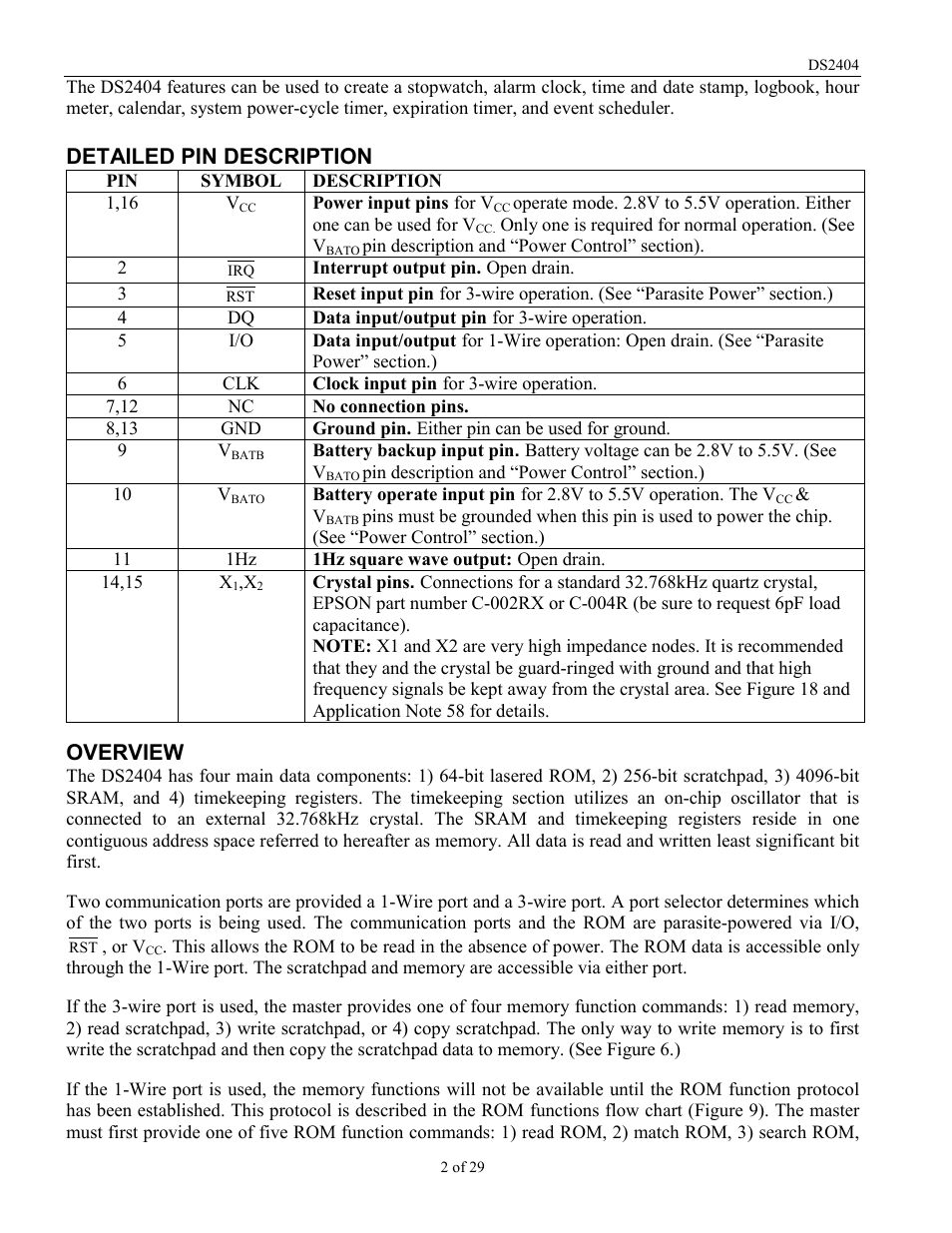 Detailed pin description, Overview | Rainbow Electronics DS2404 User Manual | Page 2 / 29