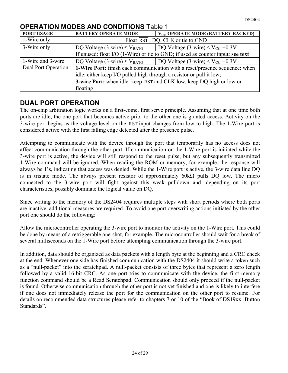 Operation modes and conditions table 1, Dual port operation | Rainbow Electronics DS2404 User Manual | Page 24 / 29