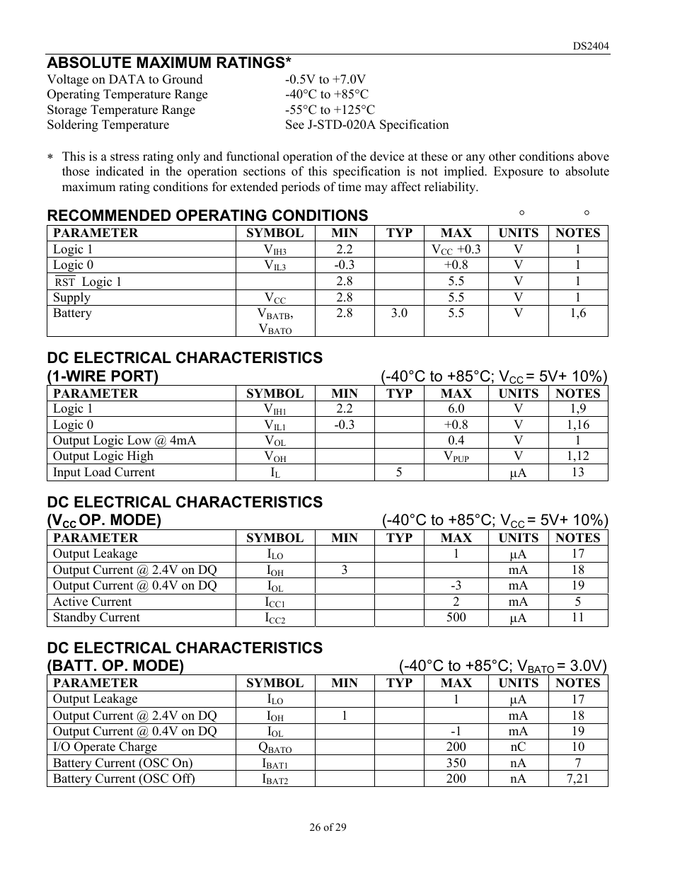 Absolute maximum ratings, 5v+ 10%), Dc electrical characteristics (v | Op. mode) (-40°c to +85°c; v | Rainbow Electronics DS2404 User Manual | Page 26 / 29