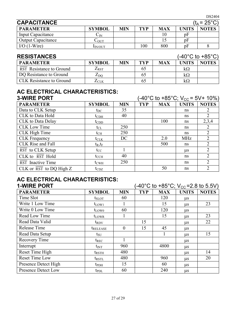 Capacitance (t, 25°c), Resistances (-40°c to +85°c) | 5v+ 10%), 8 to 5.5v) | Rainbow Electronics DS2404 User Manual | Page 27 / 29