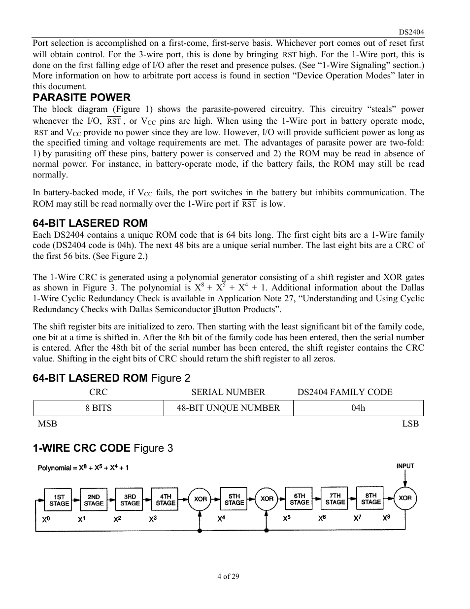 Parasite power, Bit lasered rom, Bit lasered rom figure 2 | Wire crc code figure 3 | Rainbow Electronics DS2404 User Manual | Page 4 / 29