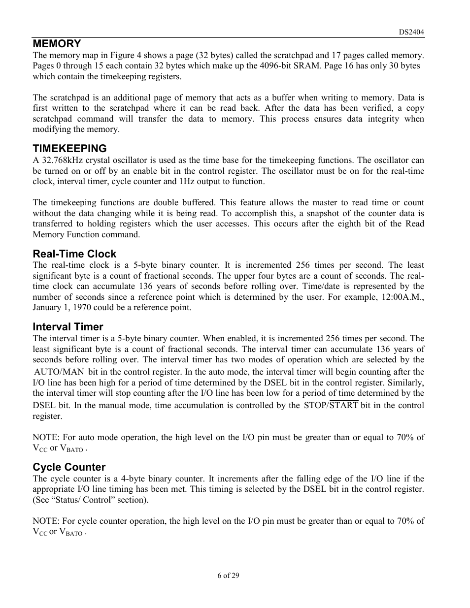 Timekeeping, Real-time clock, Interval timer | Cycle counter | Rainbow Electronics DS2404 User Manual | Page 6 / 29