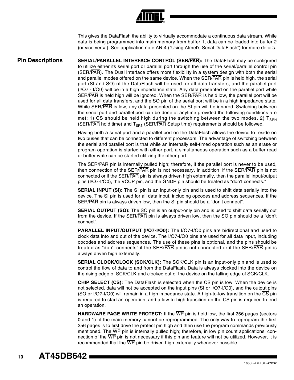 Pin descriptions | Rainbow Electronics AT45DB642 User Manual | Page 10 / 37