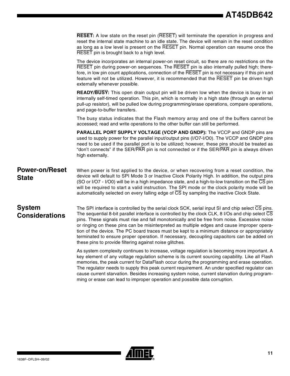 Power-on/reset state, System considerations | Rainbow Electronics AT45DB642 User Manual | Page 11 / 37
