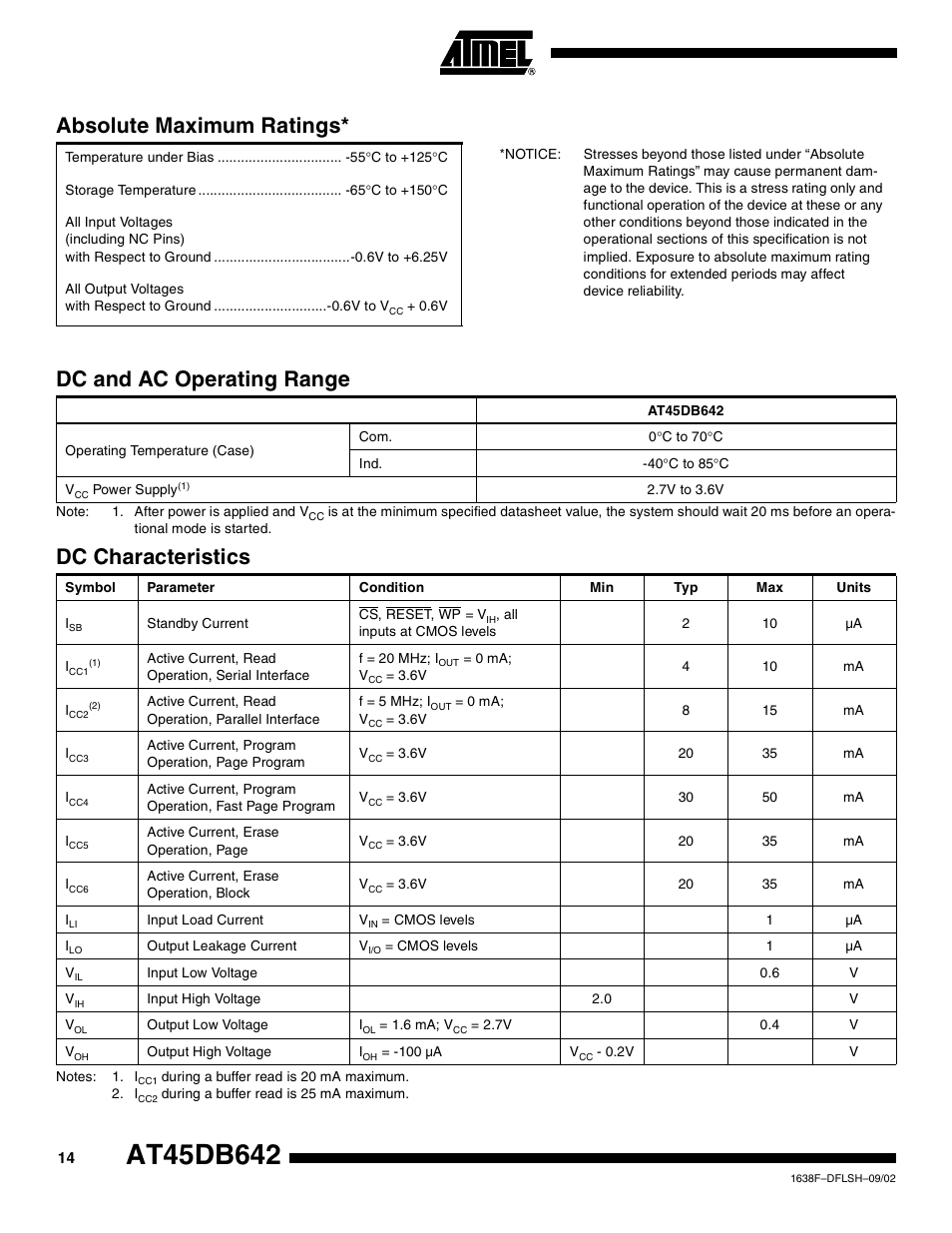 Absolute maximum ratings, Dc and ac operating range, Dc characteristics | Rainbow Electronics AT45DB642 User Manual | Page 14 / 37