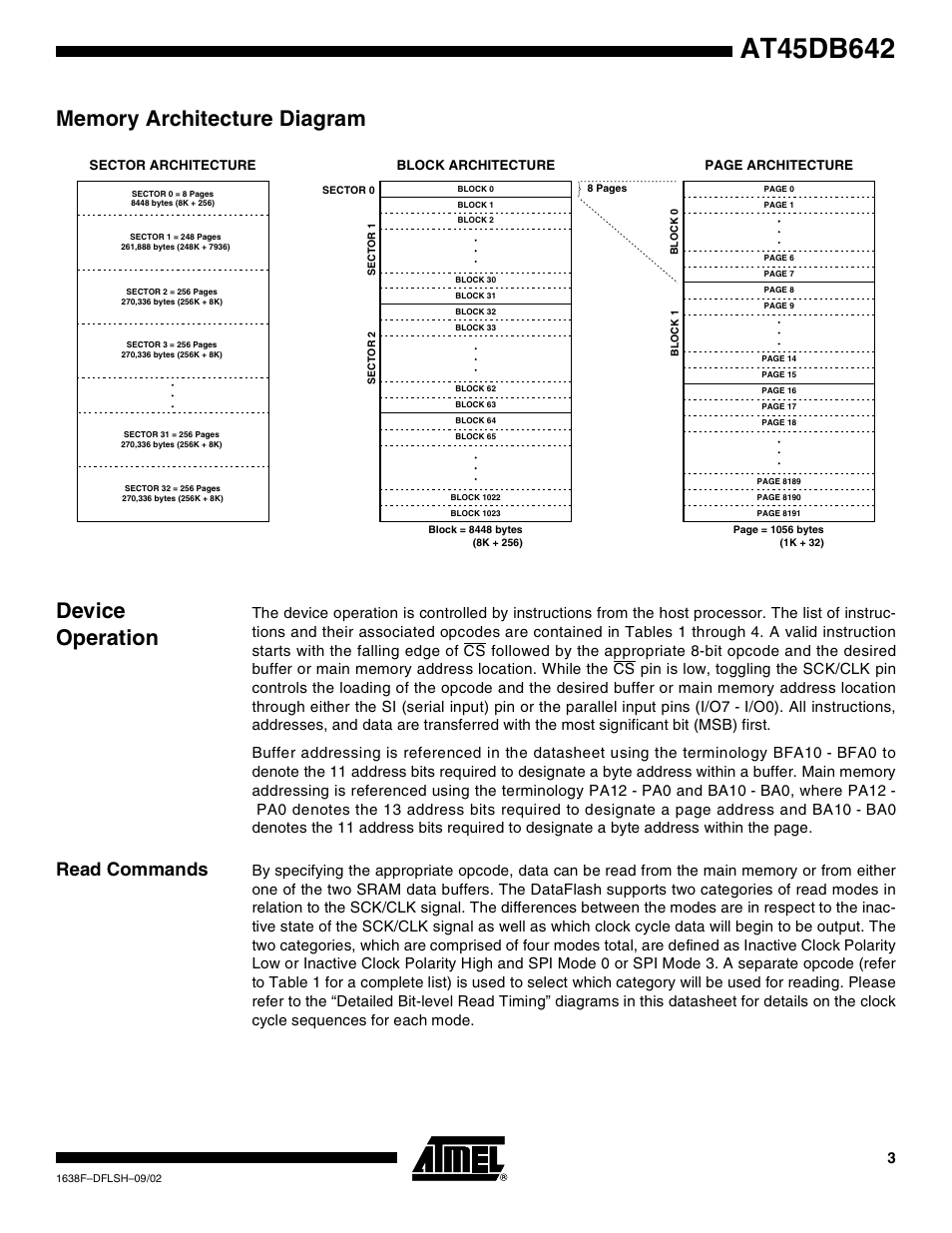 Memory architecture diagram, Device operation, Read commands | Rainbow Electronics AT45DB642 User Manual | Page 3 / 37