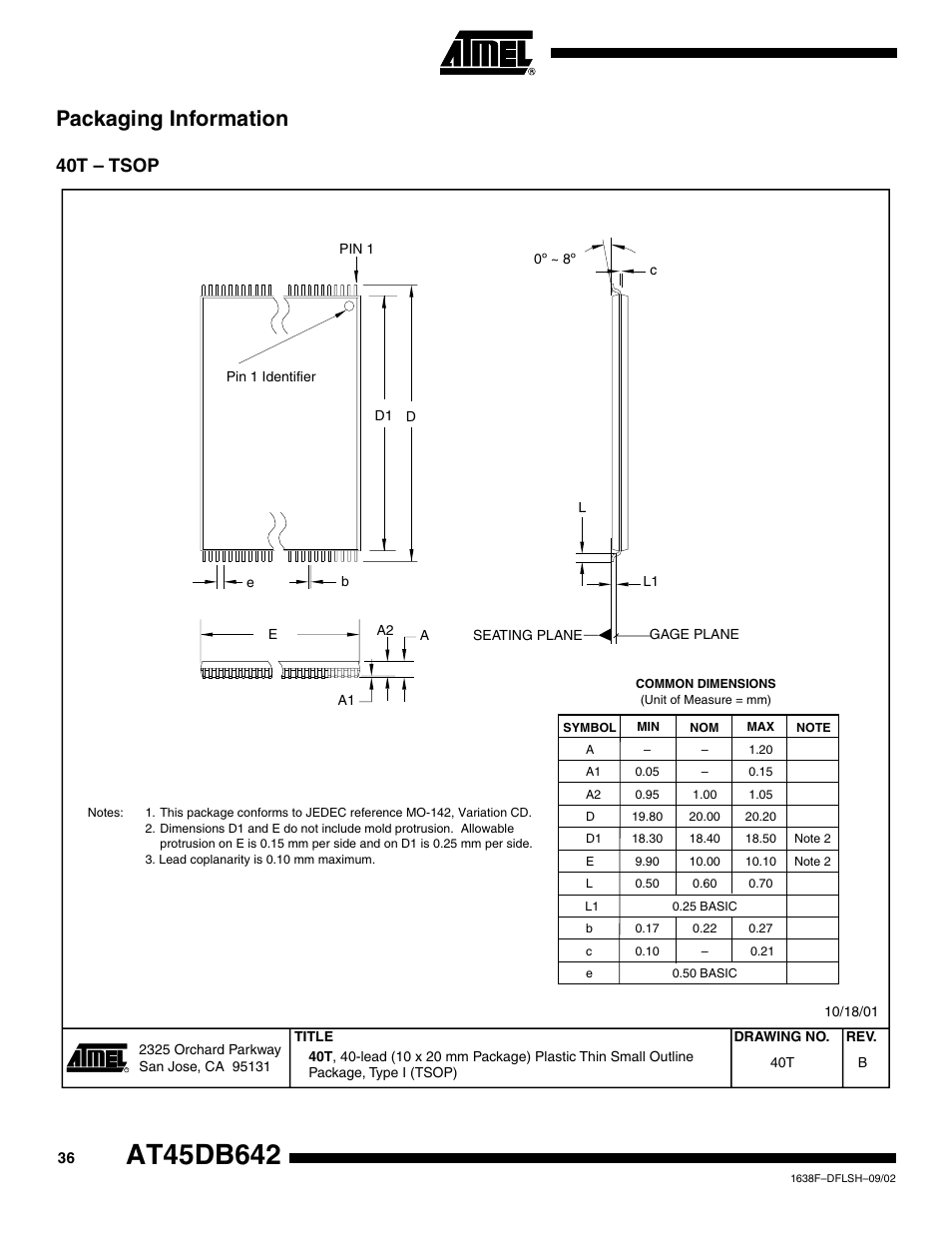 Packaging information, 40t – tsop | Rainbow Electronics AT45DB642 User Manual | Page 36 / 37