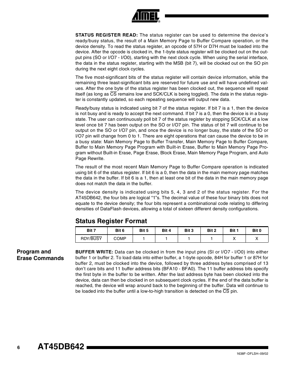Status register format, Program and erase commands | Rainbow Electronics AT45DB642 User Manual | Page 6 / 37