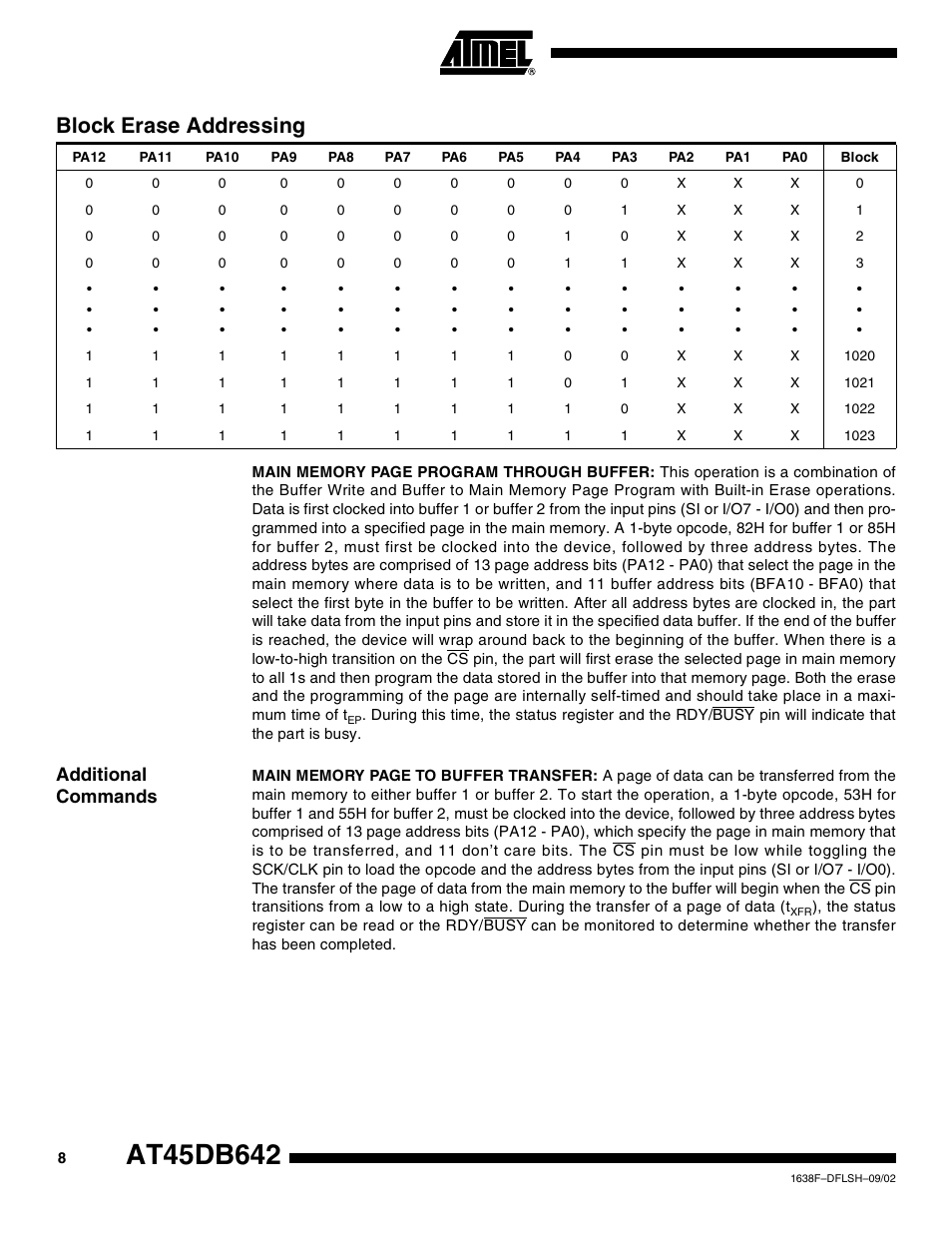 Block erase addressing, Additional commands | Rainbow Electronics AT45DB642 User Manual | Page 8 / 37