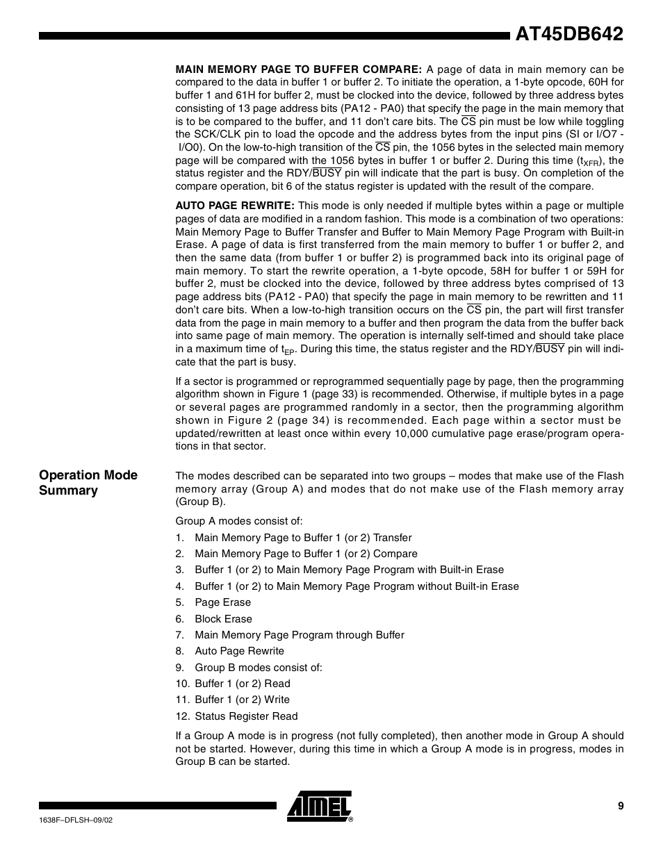 Operation mode summary | Rainbow Electronics AT45DB642 User Manual | Page 9 / 37