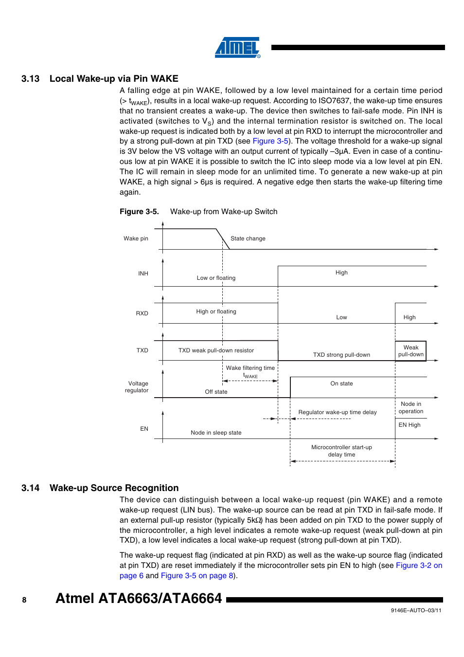 13 local wake-up via pin wake, 14 wake-up source recognition | Rainbow Electronics ATA6664 User Manual | Page 8 / 20