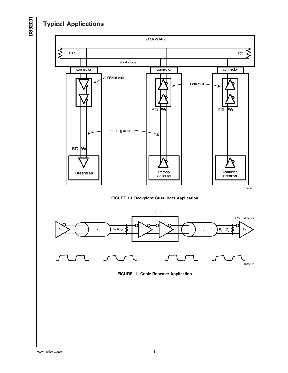 Typical applications, Figure 10. backplane stub-hider application, Figure 11. cable repeater application | Rainbow Electronics DS92001 User Manual | Page 8 / 12